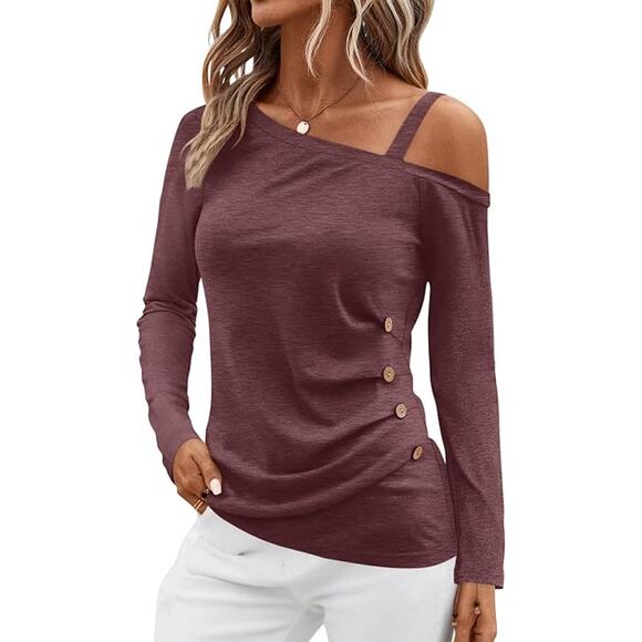 New Burgundy Size Large Long Sleeve, Off the Shoulder, Asymmetrical, Tunic Top - Picture 1 of 3